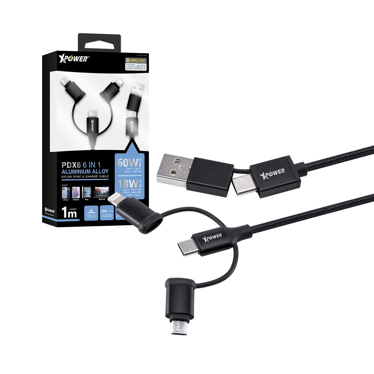 PDX6 6合1 60W PD3.0 鋁合金傳輸充電線