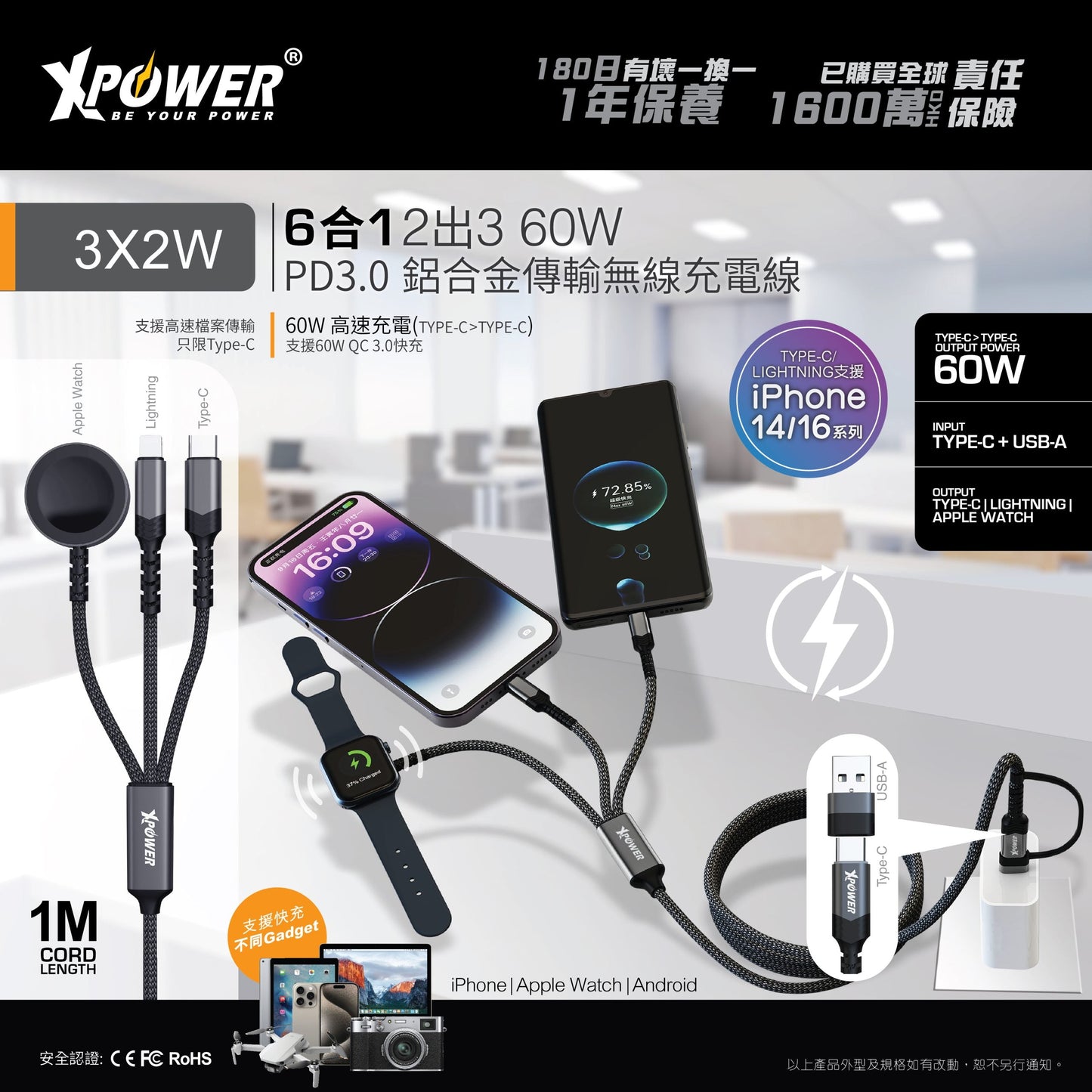 3X2W 6合1 2出3 60W PD3.0  鋁合金傳輸無線充電線