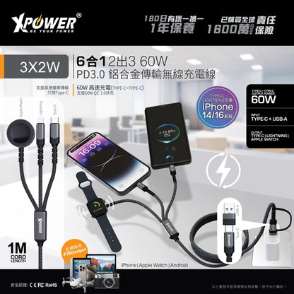 3X2W 6合1 2出3 60W PD3.0  鋁合金傳輸無線充電線