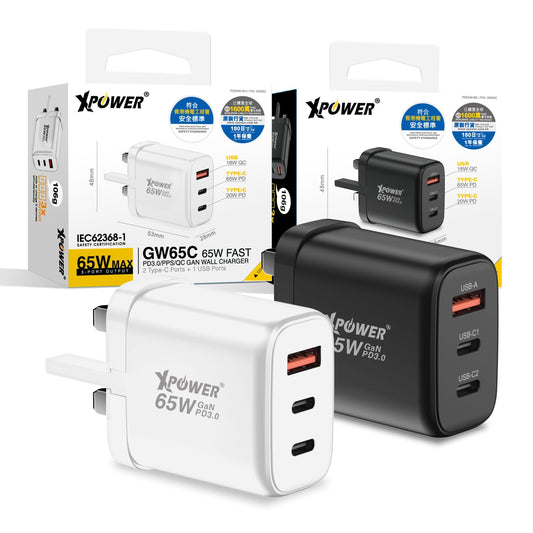 GW65C 65W可摺疊伸縮腳3輸出 PD3.0/PPS/QC 迷你快充插牆GaN充電器