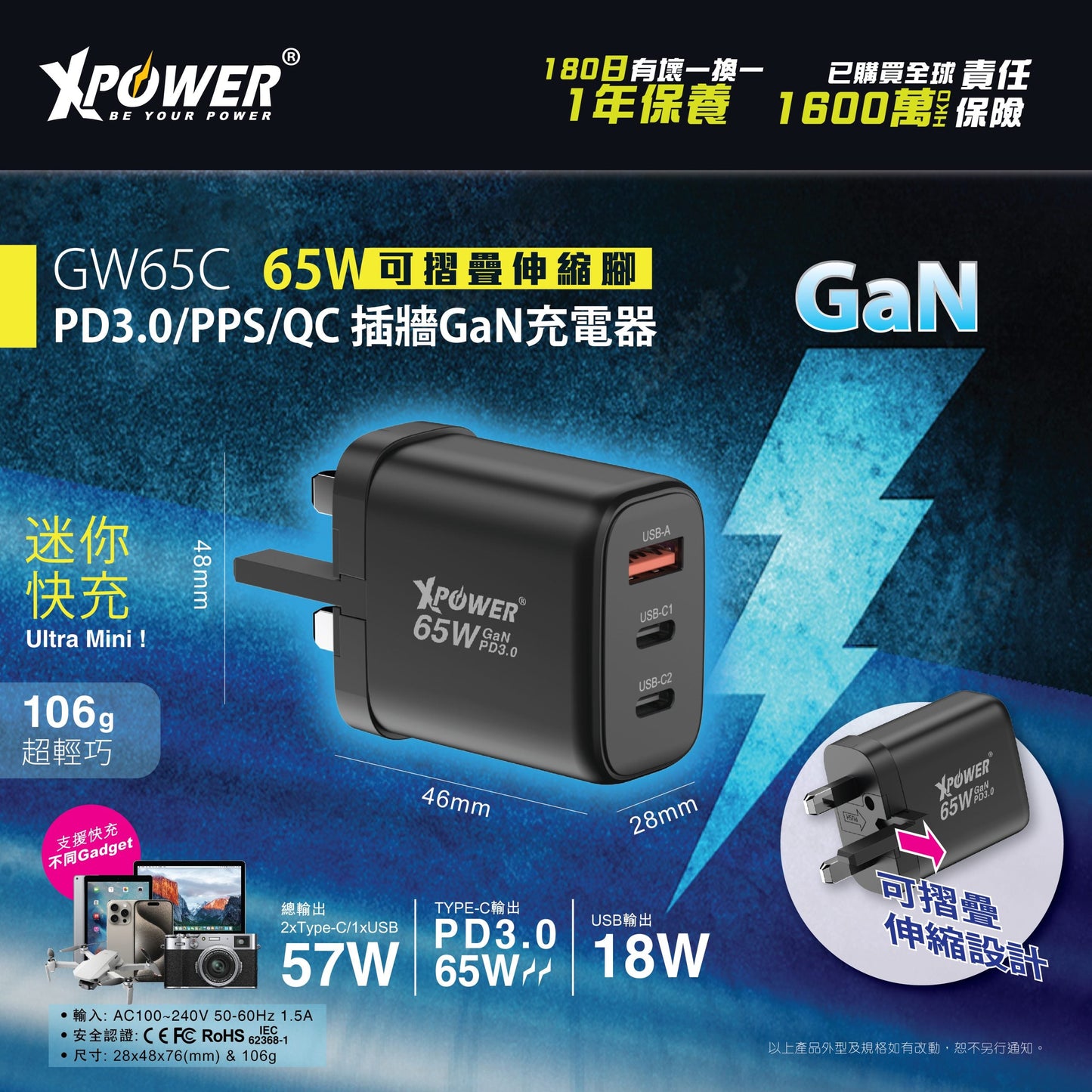 GW65C 65W可摺疊伸縮腳3輸出 PD3.0/PPS/QC 迷你快充插牆GaN充電器