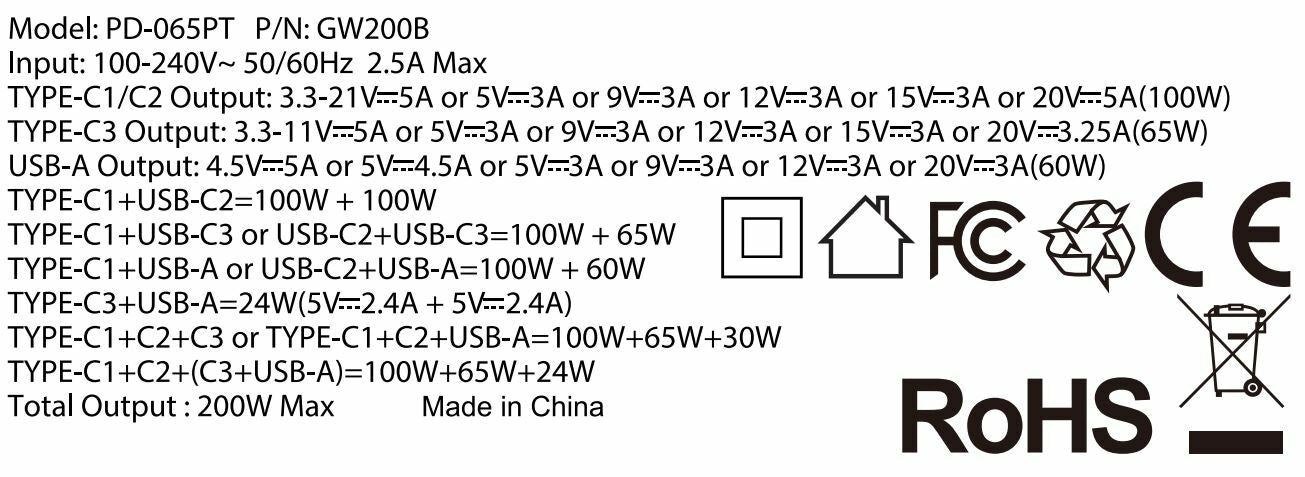 GW200B 200W 4輸出 PD 3.0/QC/SCP插牆充電器