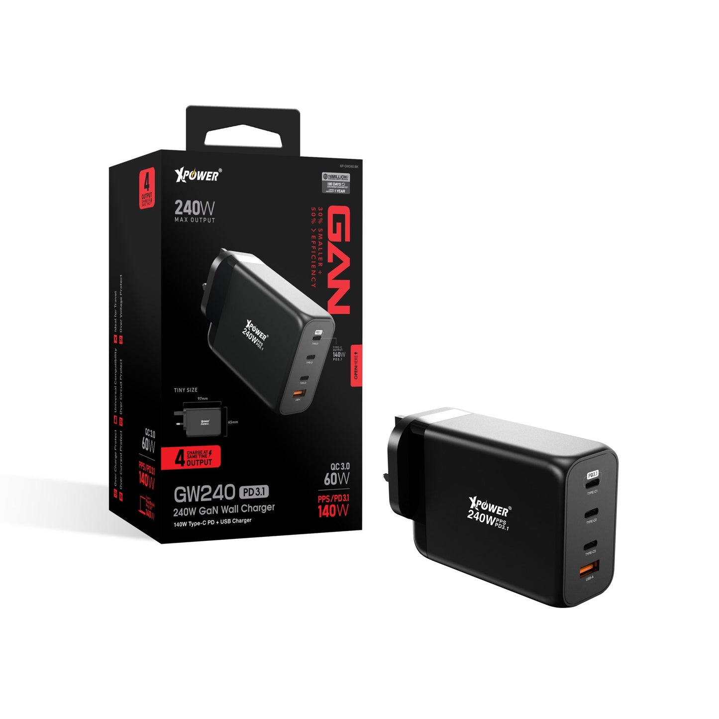 GW240 240W PD 3.1 Gan 4輸出智能充電器