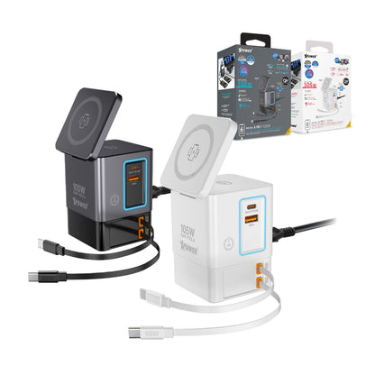 RN105  Qi2 6輸出 105W GaN 雙無線快充+雙內置伸縮線塔式充電器