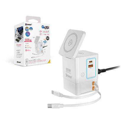 RN105  Qi2 6輸出 105W GaN 雙無線快充+雙內置伸縮線塔式充電器