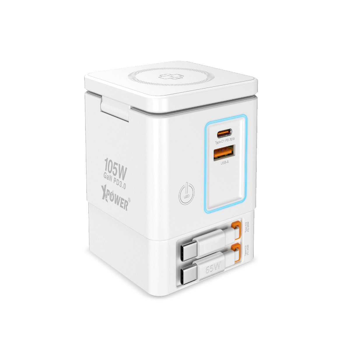 RN105  Qi2 6輸出 105W GaN 雙無線快充+雙內置伸縮線塔式充電器