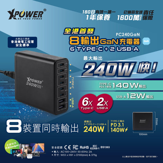 PC240GaN  240W 8輸出 PD3.1/PPS 桌上型GaN充電器