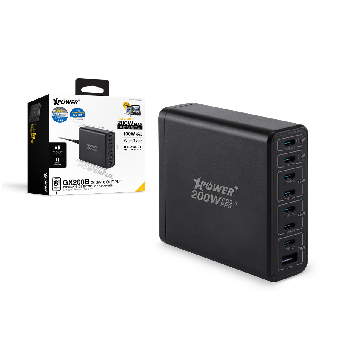GX200B 200W 8輸出 PD3.0/PPS 桌上型GaN充電器