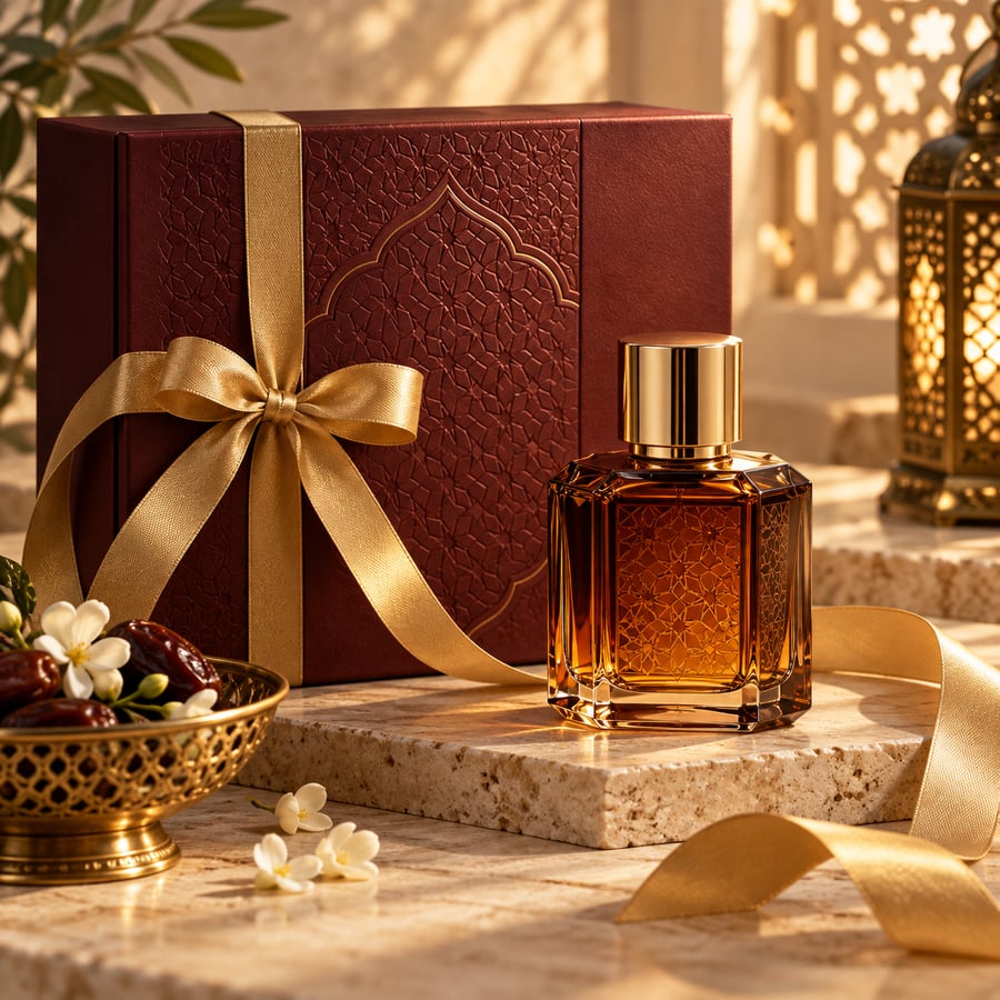 علبة عطر فاخرة بلون العنابي مع شريط ذهبي